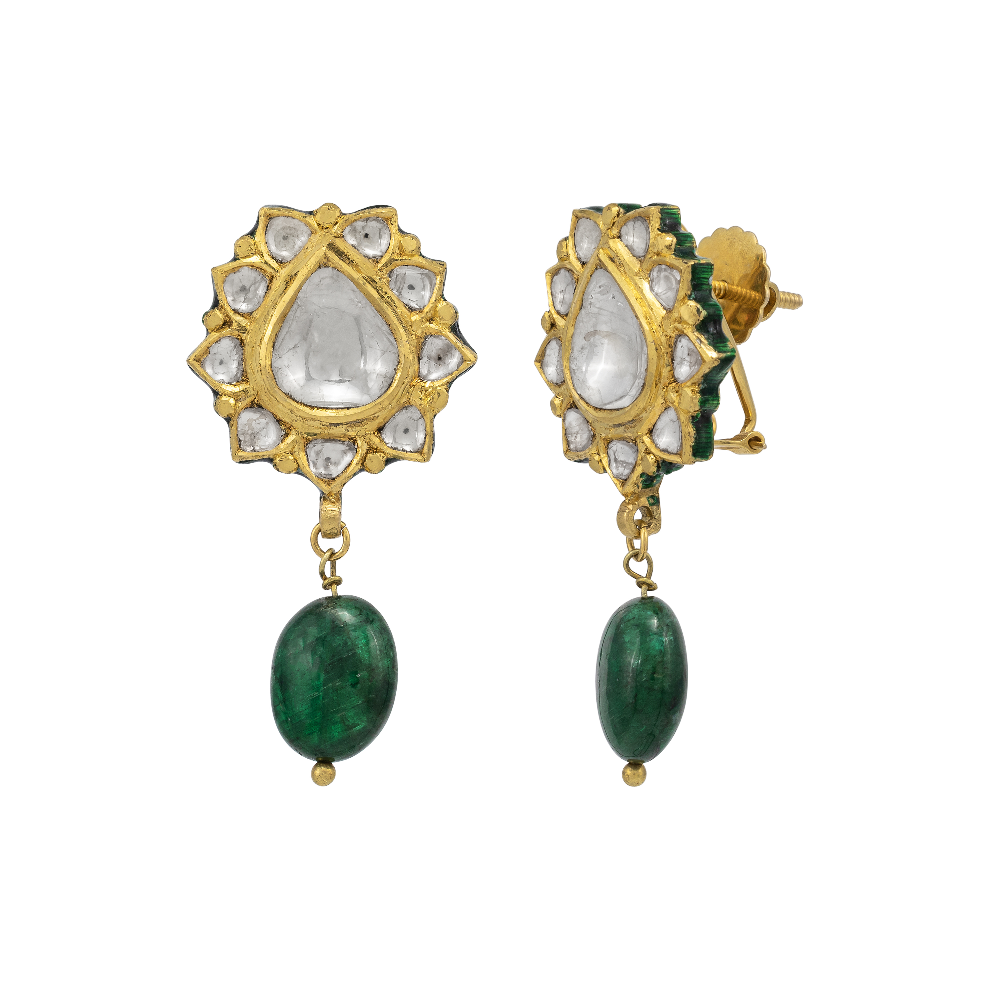 Lotus-Bud Inspired Polki Earrings with Emerald Drops